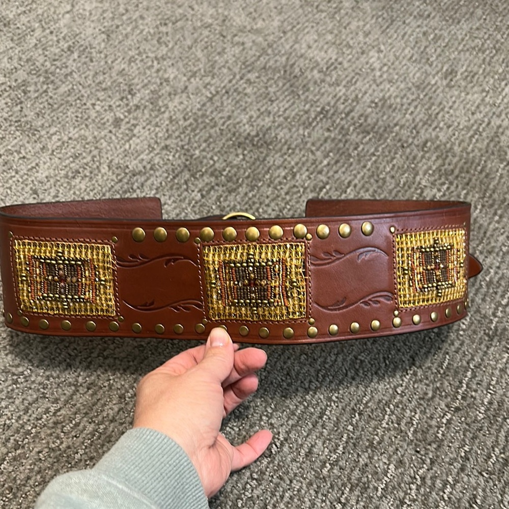 Peyote Bird Double Buckle, Leather Tooled, Beaded Belt -Small - Picture 3 of 5